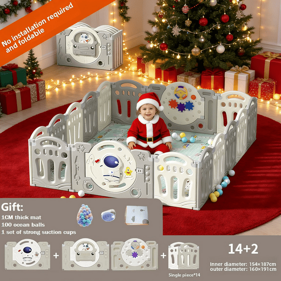 Baby Playpen Astronaut Theme, 14+2 Panels Foldable Baby Fence with Ocean Balls & Play Mat, Safety Gate for Toddlers (Grey/White)