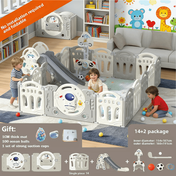 Baby Playpen Astronaut Theme, 14+2 Panels Foldable Baby Fence with Ocean Balls & Play Mat, Basketball Hoop,Safety Gate for Toddlers (Grey/White)