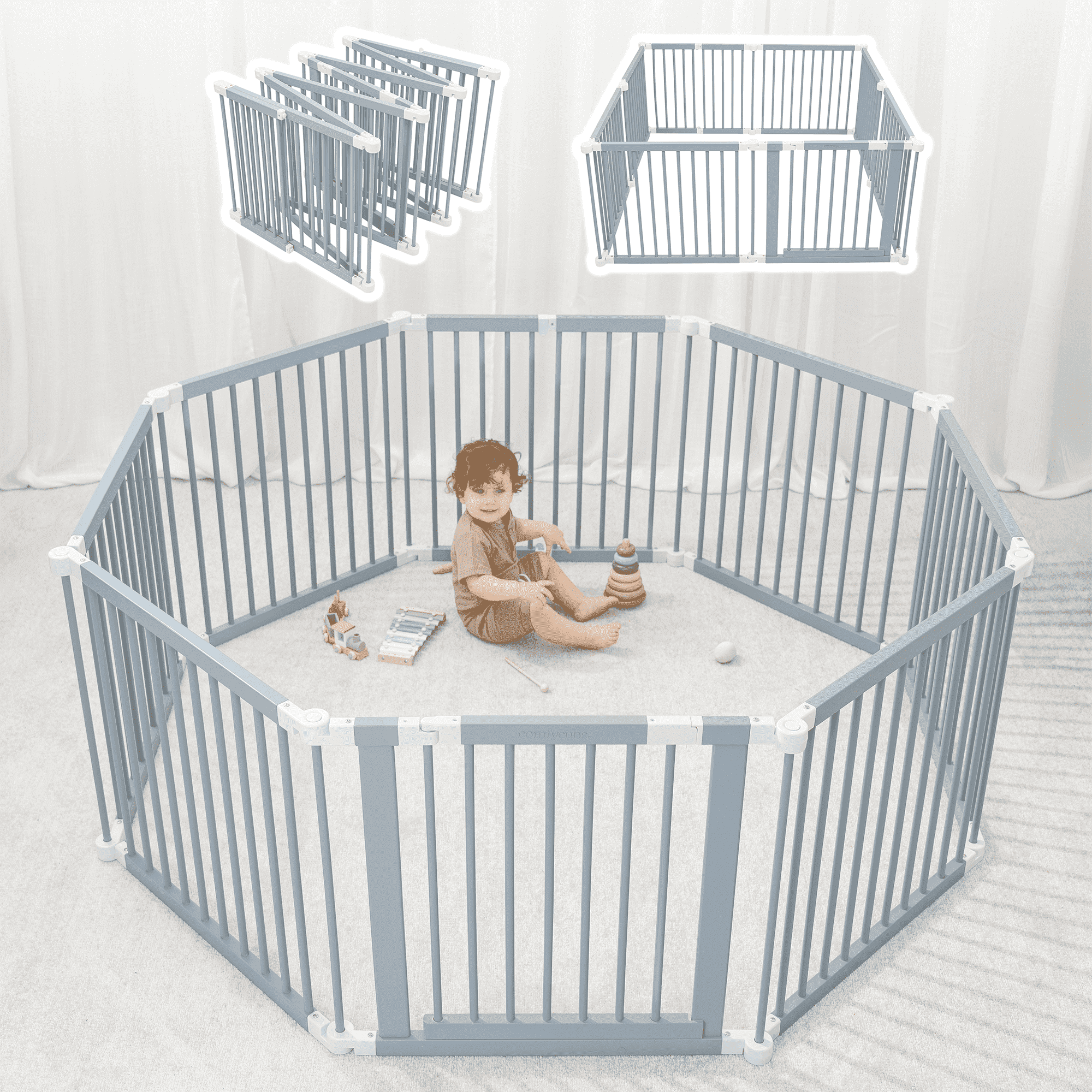 Foldable Pacific Blue Wooden Baby Playpen and Gate