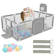 Extra Large Playpen for Toddlers, 71 Inch Baby Playpen with Basketball Hoop, No Gap Kids Playard Fence Play Area with Door/Soccer Net, Ball Pits for Toddlers, Infant Safety Gates (No Balls)