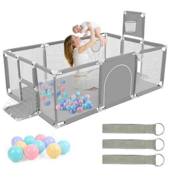 71" x 48" Extra Large Playpen for Babies Toddlers, Baby Playard with Basketball Hoop, No Gap Kids Fence Play Area Ball Pits, Infant Safety Play Yard with Door/Soccer Net