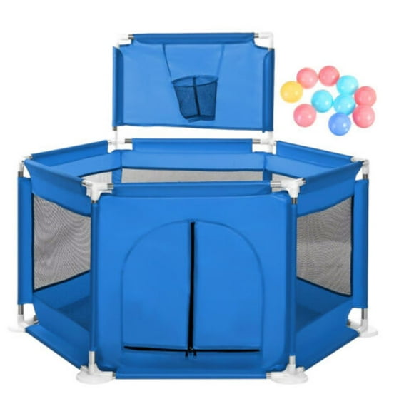 Baby Playpen Fence Foldable Kids Activity Center Play Yard with 10 Ball and Basketball Hoop Blue