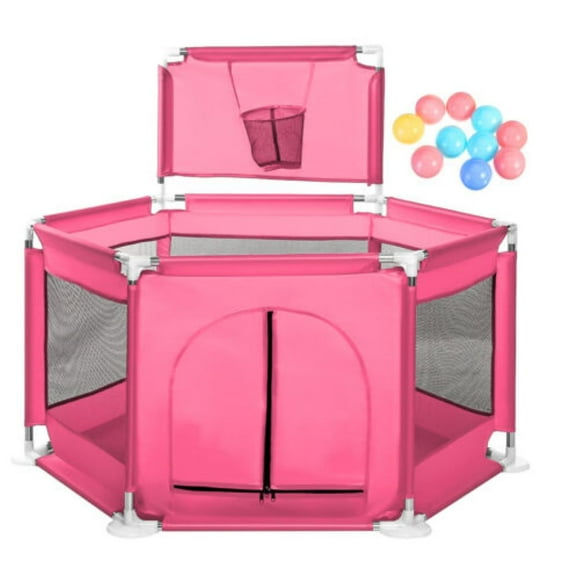 Baby Playpen Fence Foldable Kids Activity Center Play Yard with 10 Ball and Basketball Hoop Pink