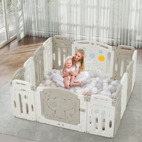 Baby Playpen,Foldable Plastic Playpen for Babies and Toddlers,14 Panels Fence with Lockable Door,Music Player,Soccer Goal,Spinning Gears,Gray and White