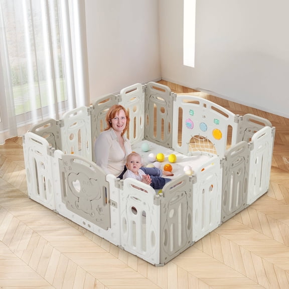 Baby Playpen,Foldable Plastic Playpen for Babies and Toddlers,14 Panels Fence with Lockable Door,Music Player,Soccer Net,Spinning Gears,Gray and White