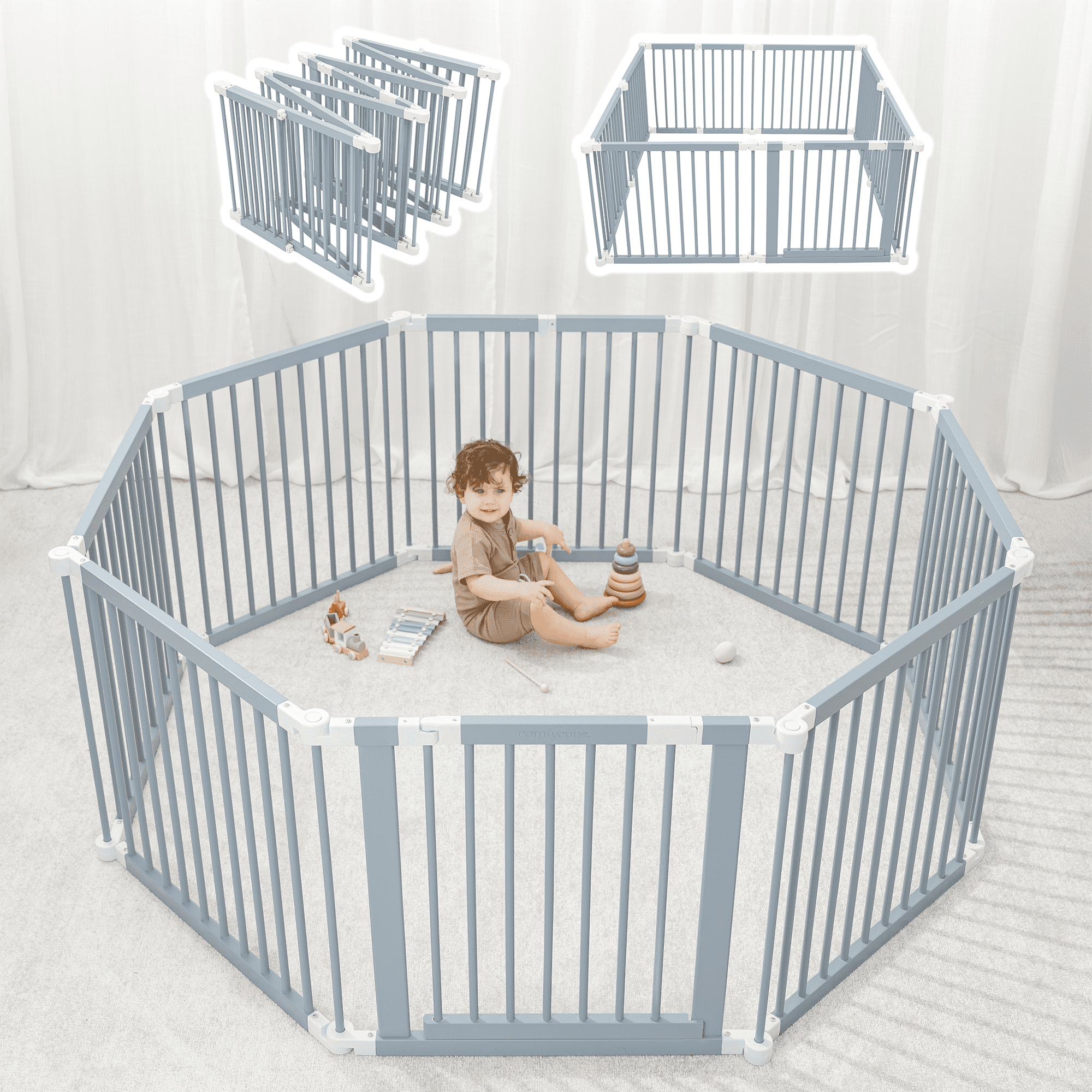 Foldable Pacific Blue Wooden Baby Playpen and Gate