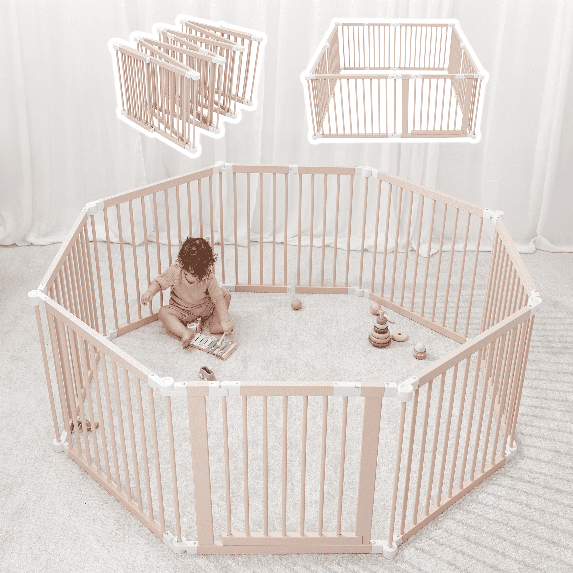 Blush Pine Wood Foldable Baby Playpen & Gate with Locking Door