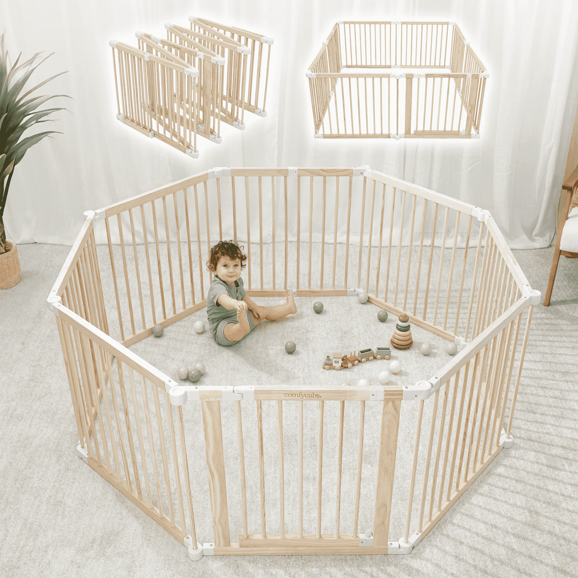 Foldable Gray Wooden Baby Playpen with Locking Gate