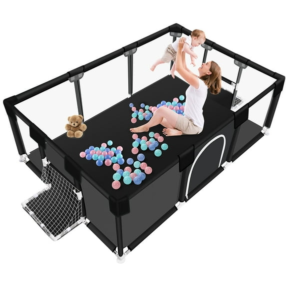 Baby Playpen, HDJ 71 inch Extra Large Baby Play Yard with Soft Breathable Mesh, Play Fence for Infant and Toddlers, Anti-Slip Base, Black