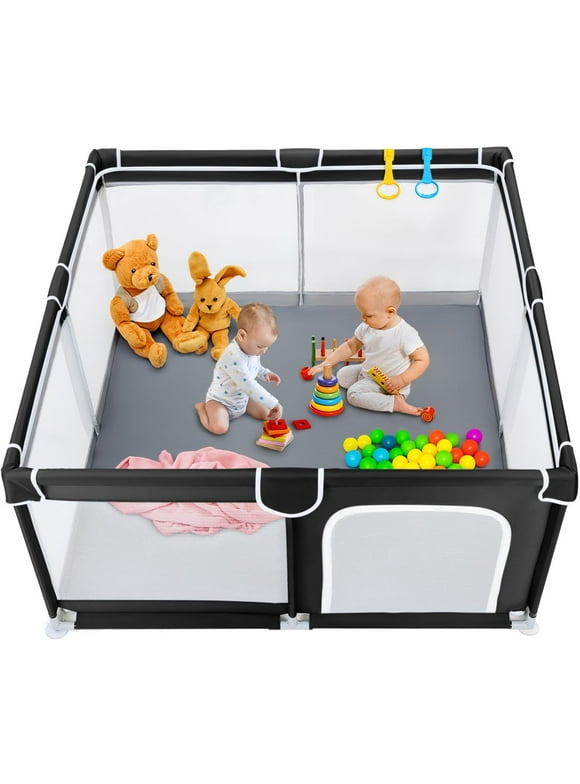Baby Playpen, HDJ Portable Baby Playard 50 inch with Storage Bag for 0-36 Months Toddlers, Black