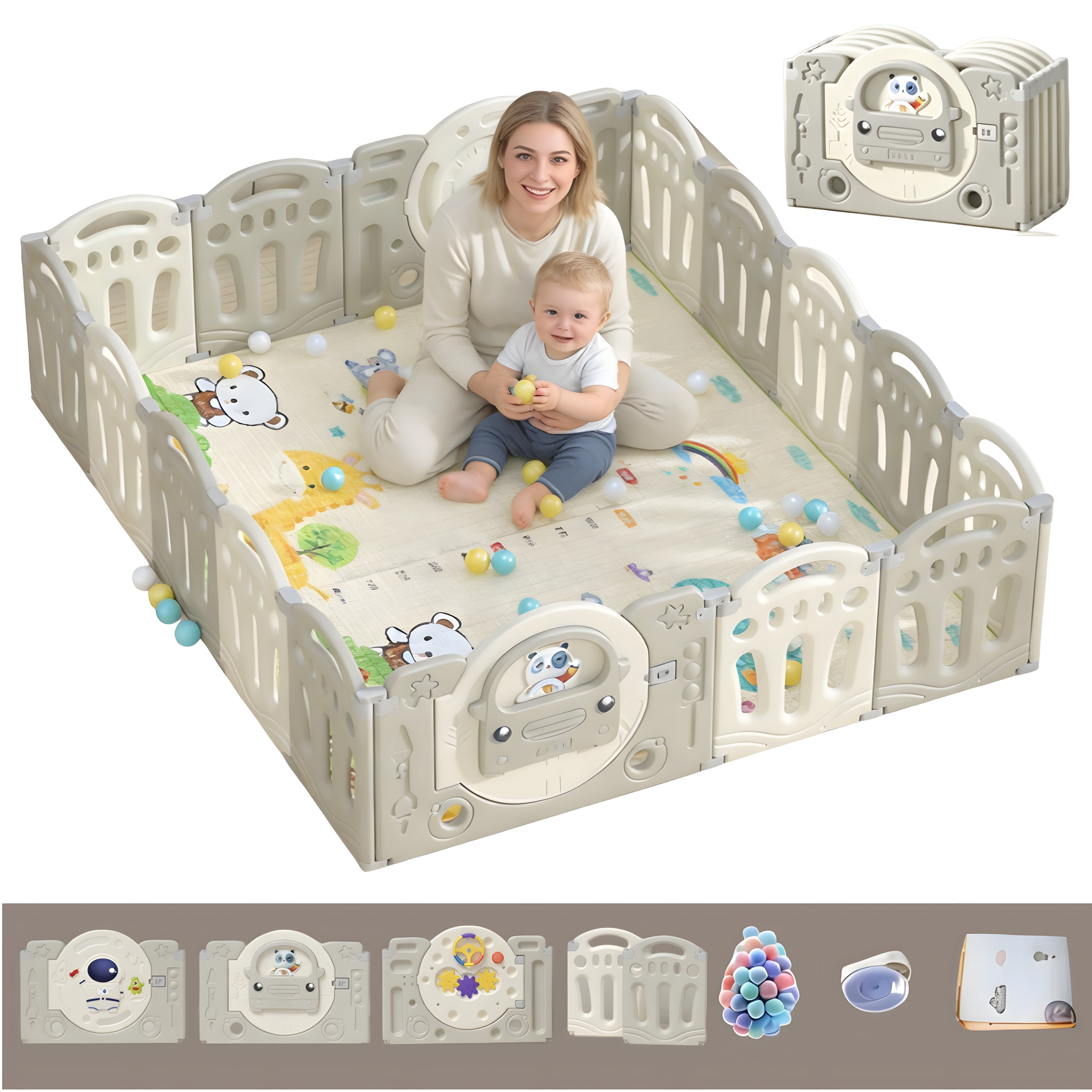 Baby Playpen,Infant Play Yard,Toddlers Playards,Baby Fence with Game Door and Mat for Toddlers,Grey&White