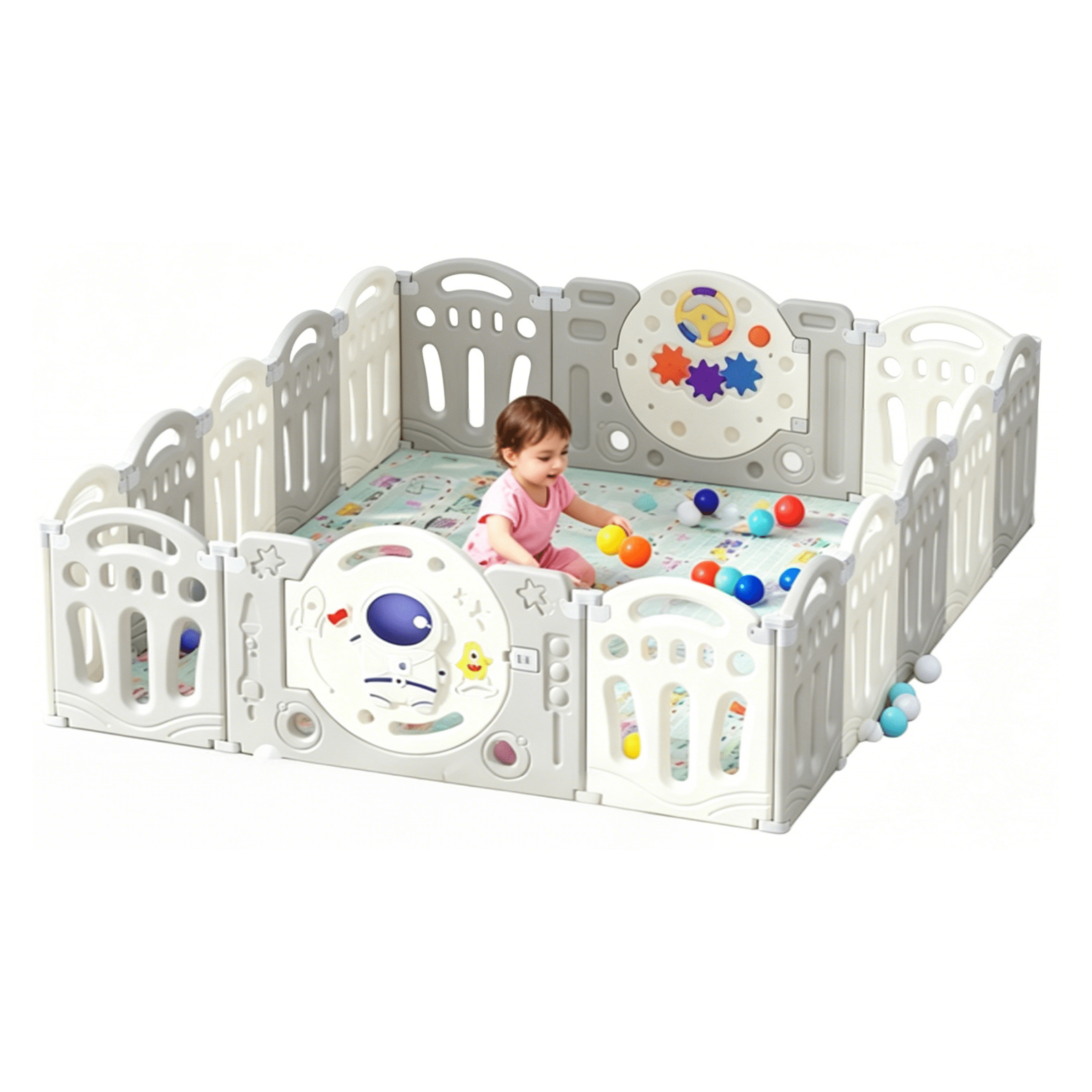 Baby Playpen Large Baby Play Yard Fence 63*76 for Babies and Toddlers Portable Baby Play Yard Activity Center with 14+2 Panels(Astronaut Theme)