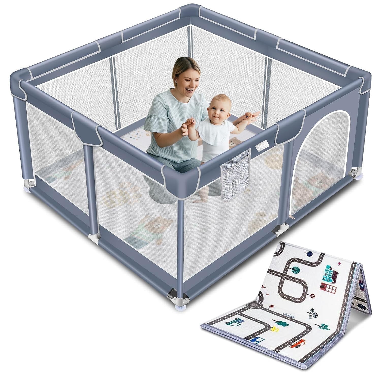 kmaier Baby Playpen , Large Indoor and Outdoor Play Yards, 360° Visibility , for Toddler-Grey