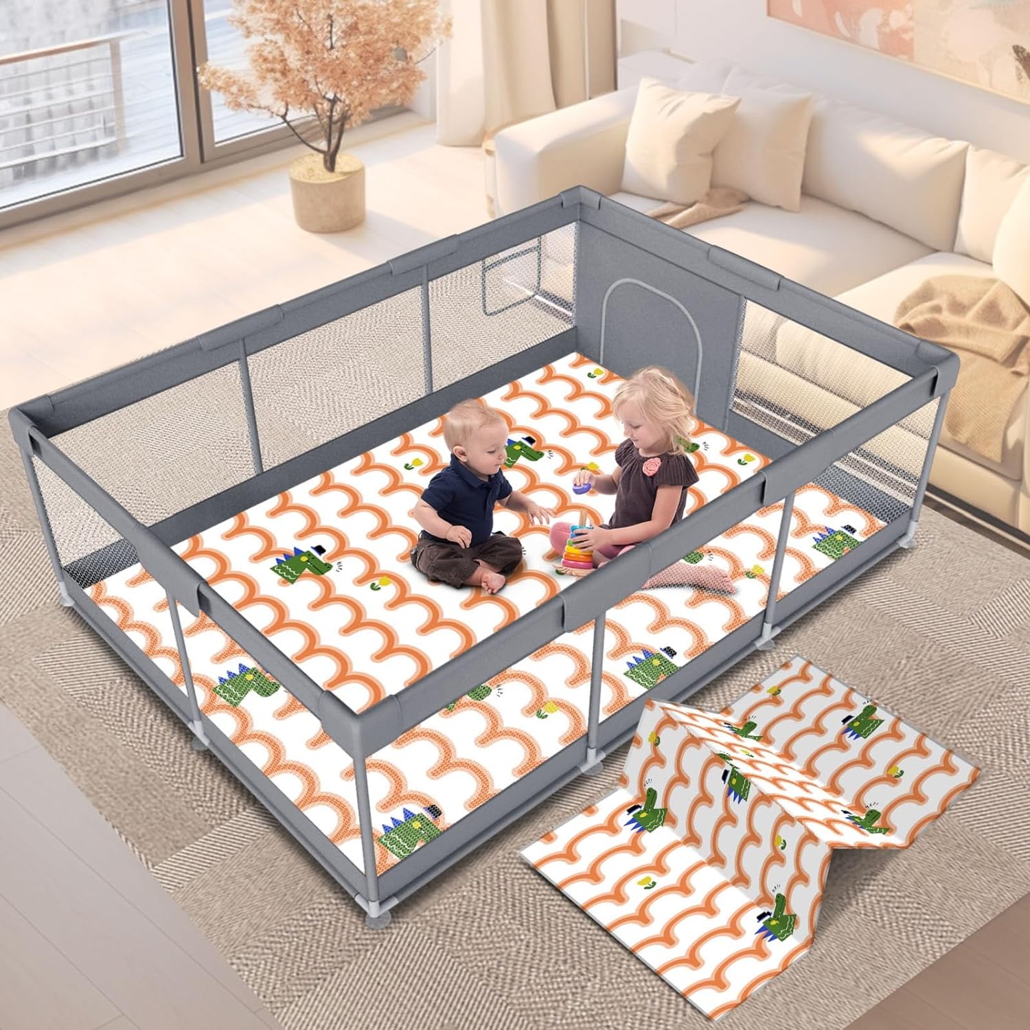 Regaloam Baby Playpen 50x50 Inches With Mat - Anti-Slip Base, Breathable Mesh, Portable Play Yard