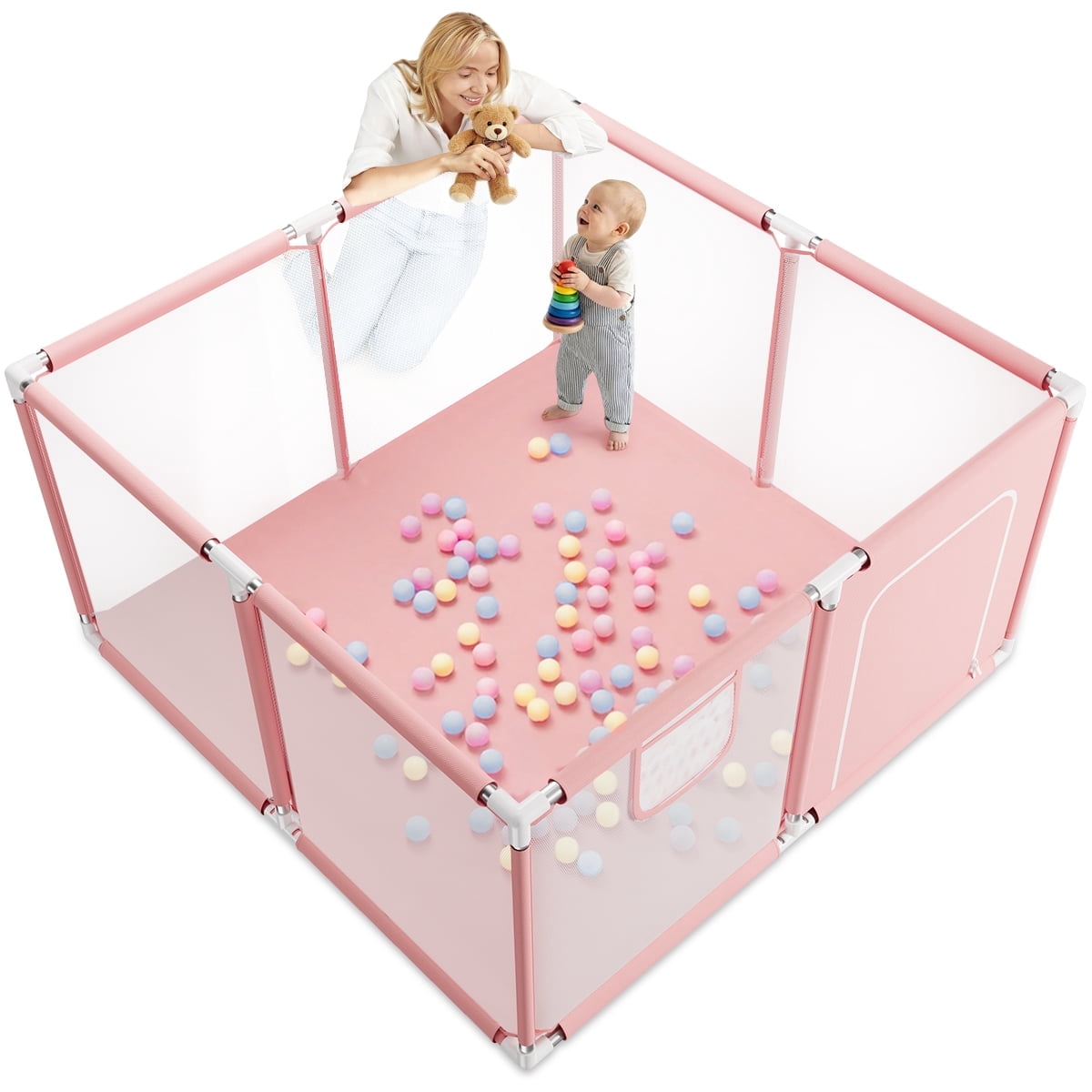 Baby Playpen, Outdoor Play Yard, Portable Play Yard 4-Panel- Baby Foldable Safety Playpen for Infant Toddler,Pink