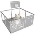 thumbnail image 1 of Baby Playpen, Outdoor Play Yard, Portable Play Yard 4-Panel- Baby Safety Playpen for Infant Toddler with Basketball Hoop,Grey, 1 of 6
