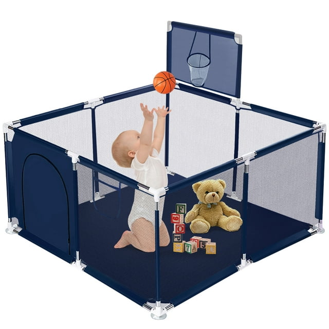 Baby Playpen, Play Yard, Baby Playards, 50x50x26inch Infant Travel Fence with Basket,Blue
