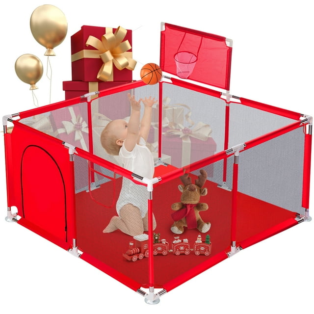 Baby Playpen, Play Yard, Baby Playards, 50x50x26inch Infant Travel Fence with Basket,Red