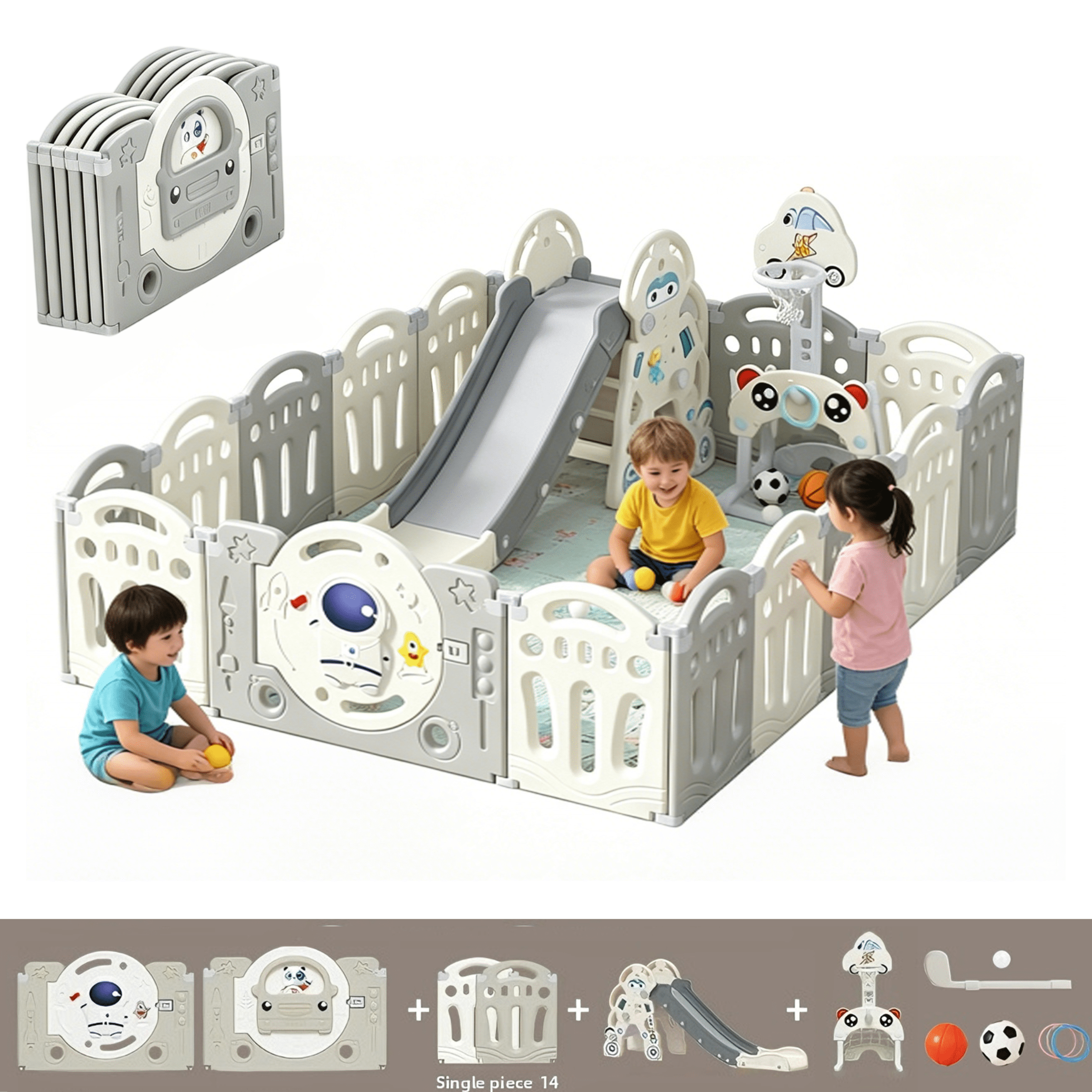 Baby Playpen with Slide & Basketball Hoop Large Baby Play Yard Fence 63*76 for Babies and Toddlers Baby Play Yard Activity Center with 14+2 Panels(Astronaut Theme)