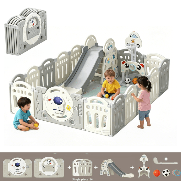 Baby Playpen with Slide & Basketball Hoop Large Baby Play Yard Fence 63*76 for Babies and Toddlers Baby Play Yard Activity Center with 14+2 Panels(Astronaut Theme)