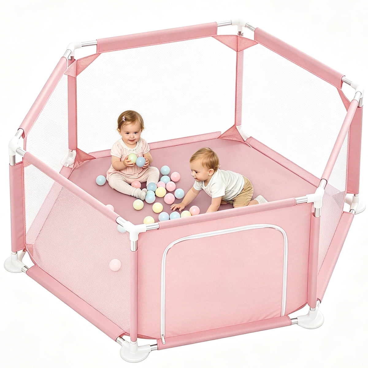 Baby Playpen, Travel Baby Playards, Baby Play Yard, 6Panels Portable Infant Play Game Area,Pink