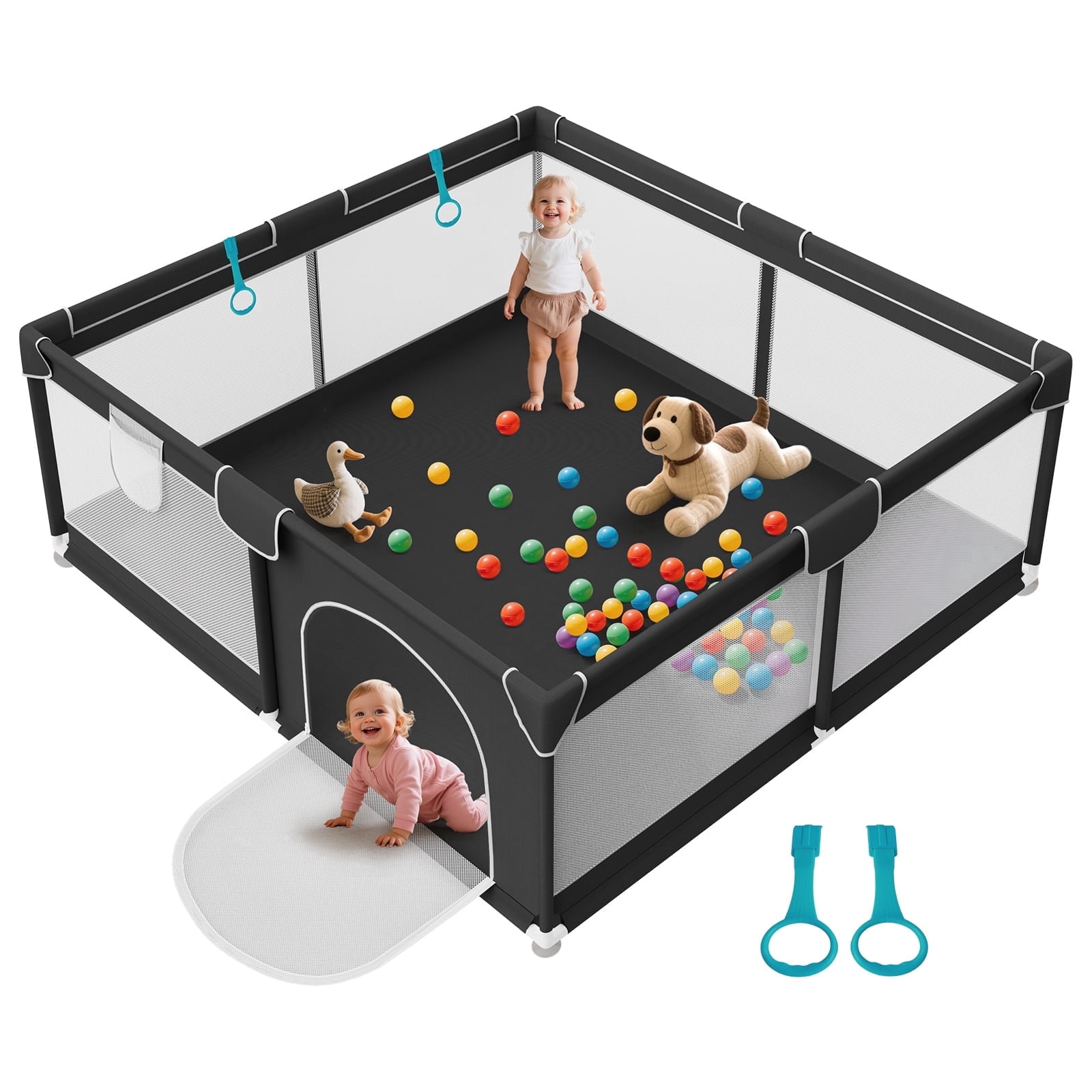Baby Playpen for Babies and Toddlers, 64"x 64" Large & Sturdy Playard with 2 Handles, Safe Activity Center with Non-Slip Suckers, Black