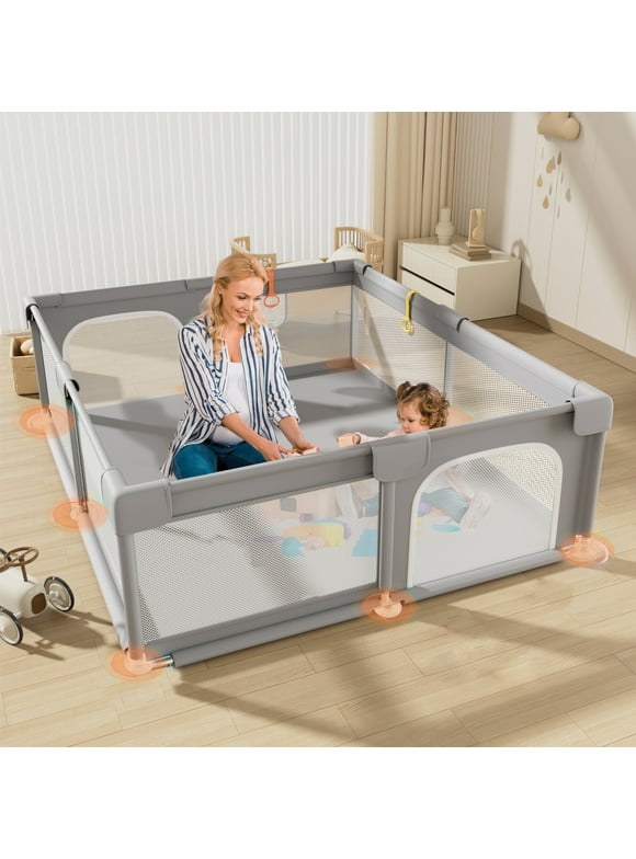 Baby Playpen for Babies and Toddlers, Yadala 48"×48" Indoor & Outdoor Baby Playard with Breathable Mesh, Gray