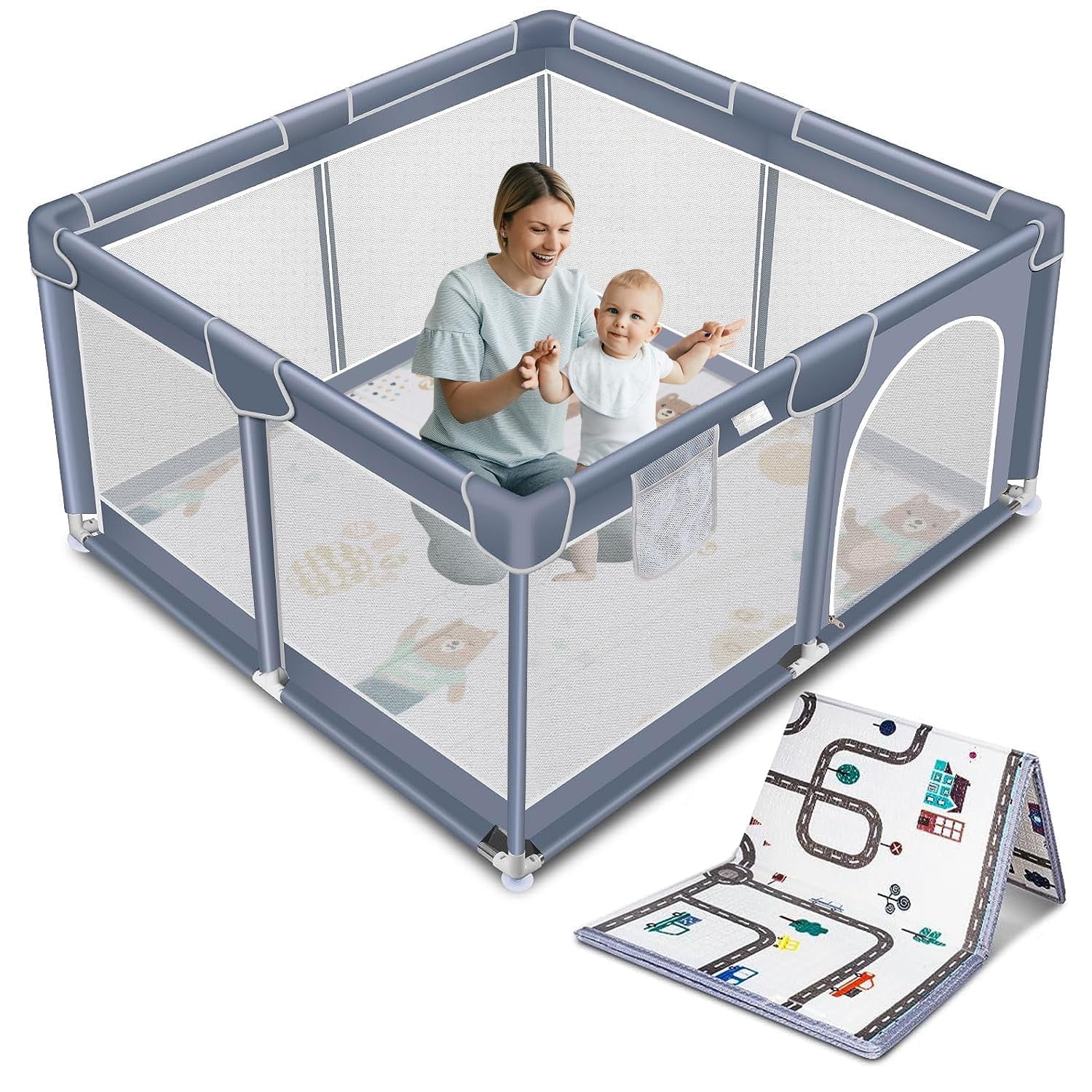 Baby Playpen with Mat, Portable Baby Play Yard for Toddler, Safety Baby Gate playpen with Soft Breathable Mesh, Indoor