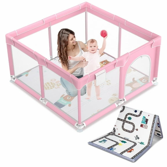 kmaier Baby Playpen, Large Indoor and Outdoor Play Yards, 360° Visibility , for Toddler-Pink
