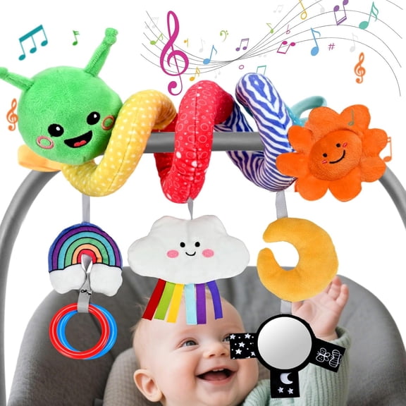 Baby Plush Hanging Musical Toy for 0-6-12 Months, Cloud with Touch - Activated 30-Sound Music Box, Washable, Sun/Rainbow/Moon, Gift for Strollers/Car Seats