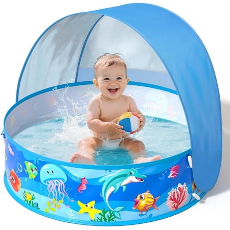 Axirata Baby Pool with Canopy, Pop-up Above Ground Pool, Foldable Infant Wading Pool for Toddlers 1-3, Baby Beach Tent, Portable Water Play Sum Toys for Child(35"L x 24"W x 10"H)