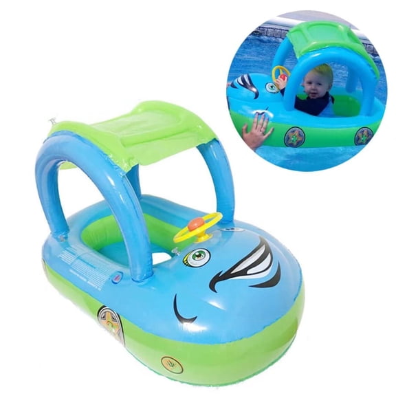 Baby Pool Float with Canopy Summer Steering Wheel Sunshade Swim Ring Car Inflatable Toys Infants Float Seat Boat for Kids Toddlers
