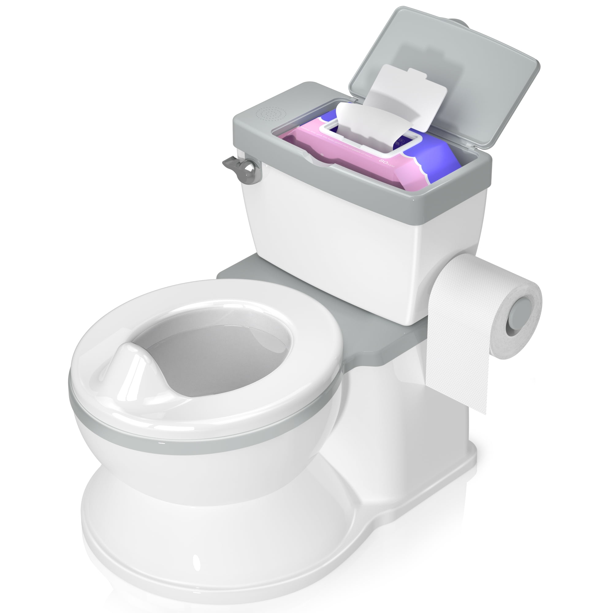Walmart Coupons of Baby Potty Training Toilet, Training Seat for Kids with Realistic Flushing Sound, Wipes Storage, Toilet Paper Holder, Grey