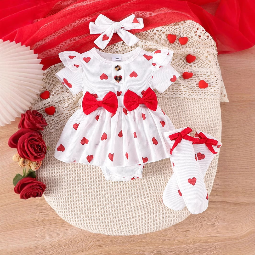 Baby Princess Bodysuit Dresses For Newborns Allover Heart Print Romper Infants Onesies With Socks Headband Baby Girl Clothes