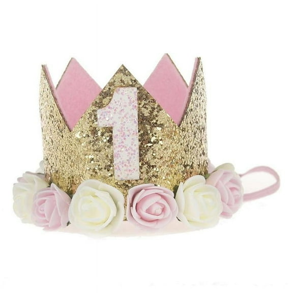 Baby Princess Crown "1" Tiara Kids First Birthday Hat Sparkle Gold Flower Design
