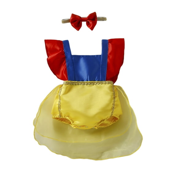 Baby Princess Romper Headband, Infant Girl Fly Sleeve Square Neck Color Contrast Crotch Buttons Jumpsuit Hair Band
