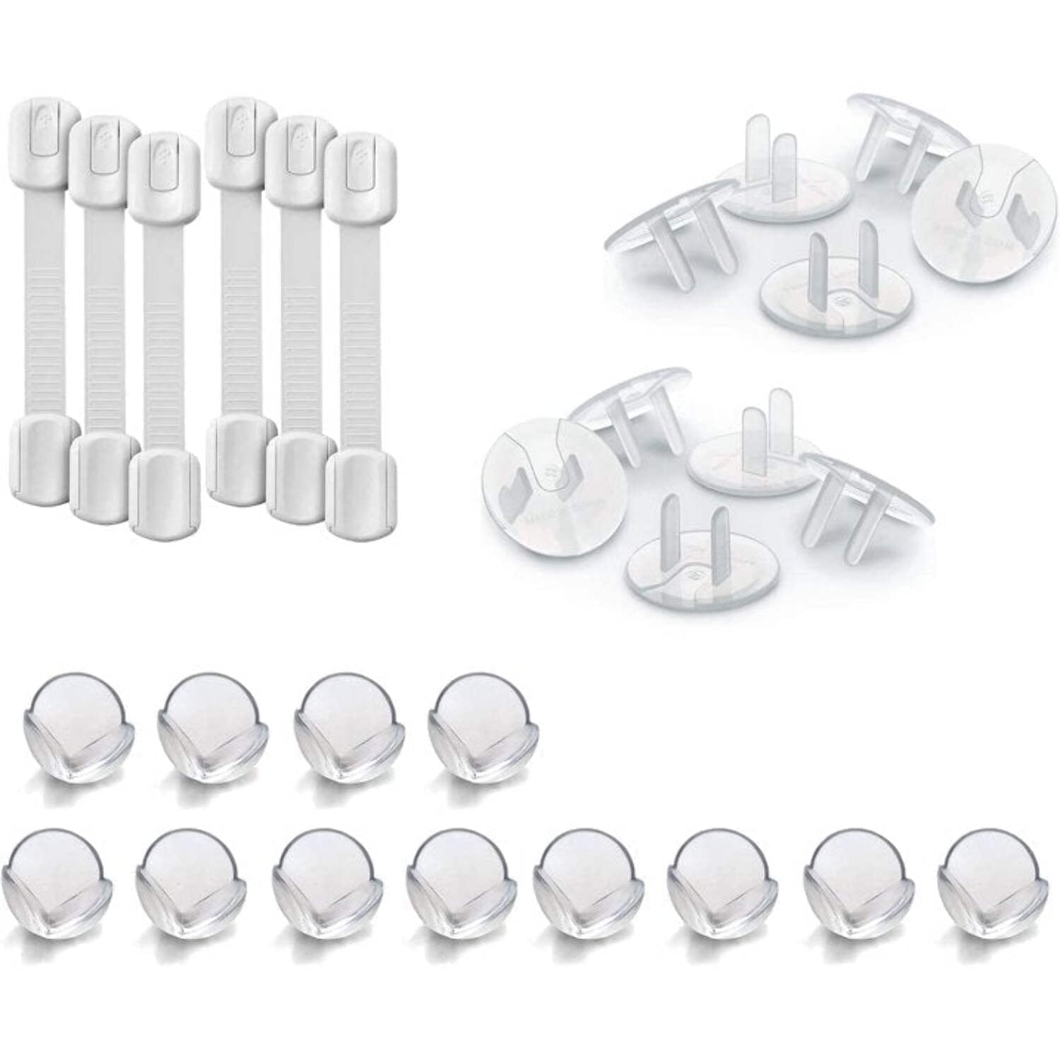 Baby Proof Me Safety Essentials Bundle 6-Pack Strap Locks, 12-Pack Corner Protectors, 24-Pack Outlet Covers 3M Adhesive, Childproof Kit for Cabinets, Furniture, and Electrical Outlets