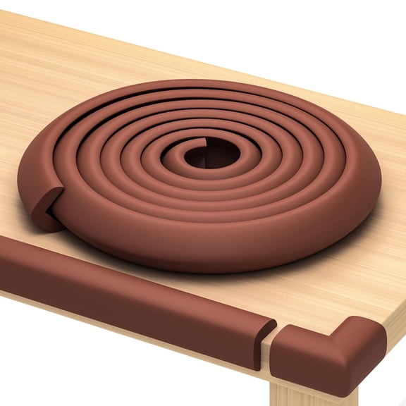 Baby Proofing Kit 18ft Edge Protector & 8 Corner Protectors, Non Toxic & Soft Rubber Foam, Baby Bumper & Corner Covers for Table, Desk, Crib, Fireplace, 3M Adhesive, Brown