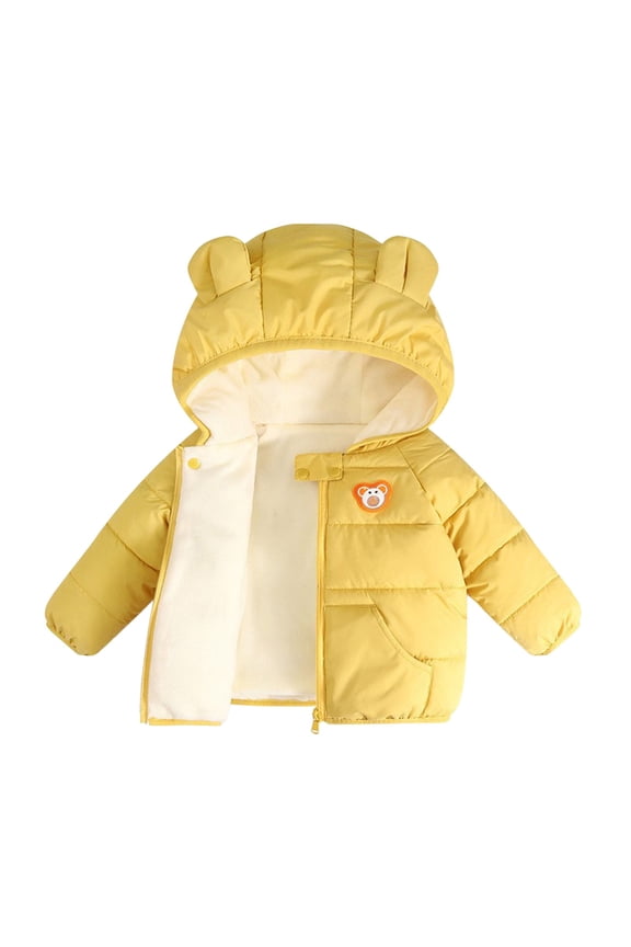 Baby Puffer Jackets Kids Yellow Zipper Long Sleeve Bear Hooded Down Jacket Kids Warm Boys Coats Size 0-6 Months