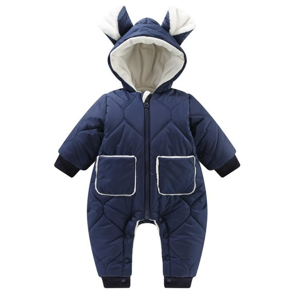 Baby Puffer Jumpsuit Boys Girls Quilted Long Sleeve Hooded Snowsuit Padded Outerwear Coat Long Sleeve Winter Warm Clothing, Navy, 18 Months