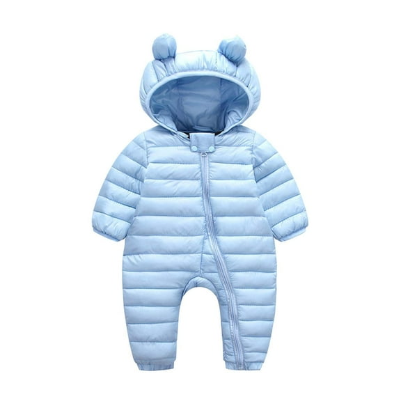Baby Puffer Snowsuit Winter Warm Long Sleeve Hooded Jumpsuit Zipper Bear Ear Outerwear Coat Newborn Infant Romper, Light Blue, 0 Months