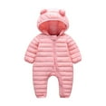 thumbnail image 1 of Baby Puffer Snowsuit Winter Warm Long Sleeve Hooded Jumpsuit Zipper Bear Ear Outerwear Coat Newborn Infant Romper, Pink, 0 Months, 1 of 3