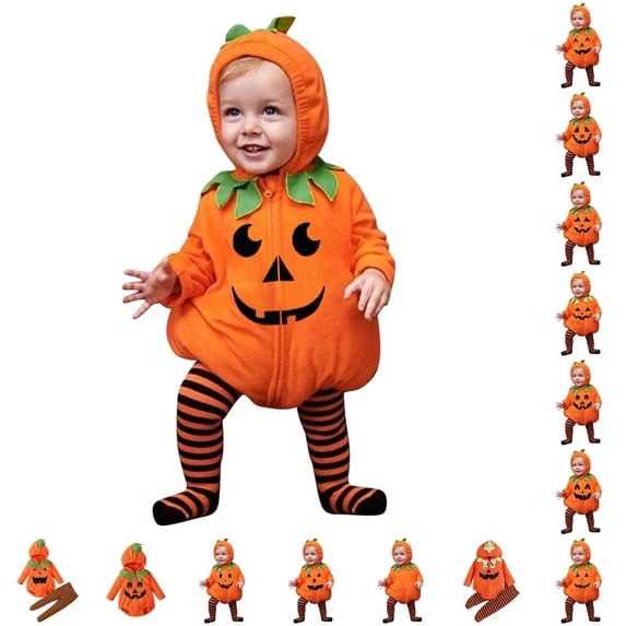 Baby Pumpkin Outfit Long Sleeve Pumpkin Romper with Striped Pants Set Halloween 6-12 Months