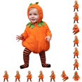 thumbnail image 1 of Baby Pumpkin Outfit Long Sleeve Zip up Hooded Romper Jumpsuit with Striped Leggings Outfits 1st Halloween Baby Girl Outfit 6-12 Months, 1 of 9
