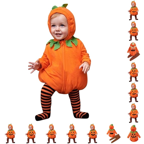 Baby Pumpkin Outfit Long Sleeve Zip up Hooded Romper Jumpsuit with Striped Leggings Outfits 1st Halloween Baby Girl Outfit 6-12 Months