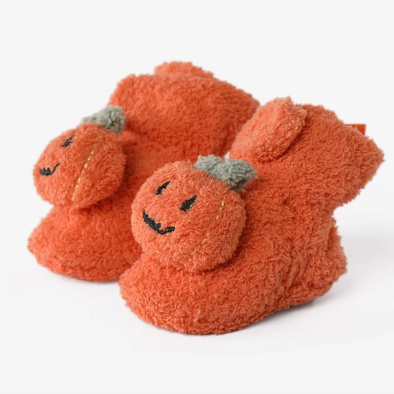 Baby Pumpkin Slippers, Warm Fuzzy Newborn Booties for Boys Girls, Soft Sole Infant Walking Shoes, Halloween Winter Cozy Crib Shoes