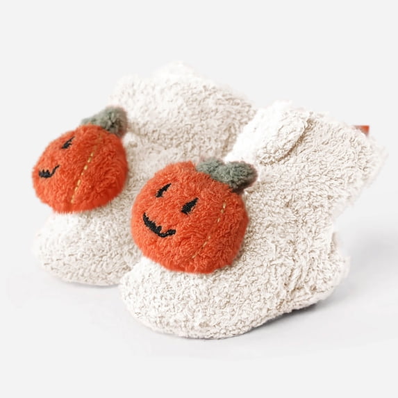 Baby Pumpkin Slippers, Warm Fuzzy Newborn Booties for Boys Girls, Soft Sole Infant Walking Shoes, Halloween Winter Cozy Crib Shoes