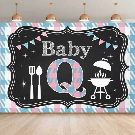 Baby-Q Gender Reveal Backdrop Pink Blue Checkered BBQ Boy Or Girl Photography Background Barbecue Grill Picnic He Or She Newborn Baby Shower Birthday Party Decorations Banner Photo Booth Props