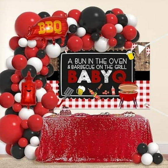 Baby Q Shower Decorations BBQ Party Balloon Arch Kit Summer Barbecue Picnic Red Black and White Baby Shower 126 Pcs Decorations Set