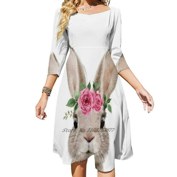 Baby Rabbit Wearing Flower Crown Loose Pocket Dress Print Short Sleeve Dresses V-Neck Dress Rabbit Rabbits Rabbit Baby